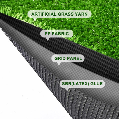 Indoor Batting Cage Turf Mat Set For Baseball And Softball Practice showing layers: grass yarn, PP fabric, grid panel, SBR glue