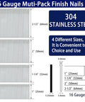Rock Solid 16 Gauge Stainless Steel Finish Nails One Inch Through Two And A Half Sizes 1200 Count Heavy Duty Collated Fasteners overview with sizes.