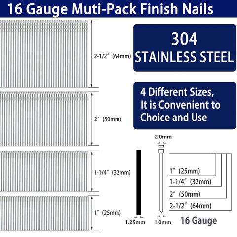 Rock Solid 16 Gauge Stainless Steel Finish Nails One Inch Through Two And A Half Sizes 1200 Count Heavy Duty Collated Fasteners overview with sizes.