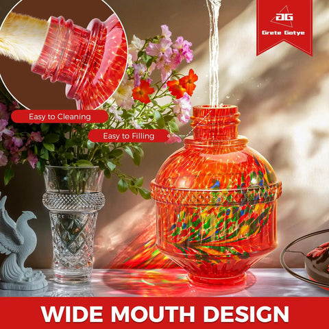 Wide-mouth design of vibrant hummingbird feeder for outdoors with 25 ounce nectar jar five flower ports perch leak proof.