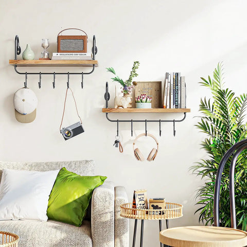 Legit Pine Wood Floating Wall Shelves With Ten Adjustable Mug Hooks For Your Best Coffee Bar Setup Yet showing decorative items and hooks.