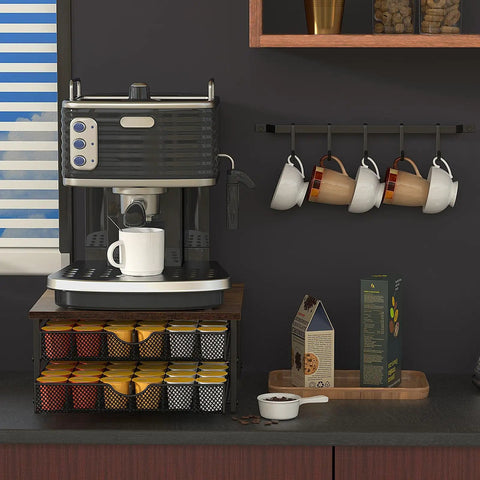 2 Tier Coffee Pod Organizer With Sliding Baskets Holds 72 K Cup Pods Built Tough Wood Top With Metal Frame Space Saving And Stackable Capsule Storage For Home Office Or Cafe Counter Black