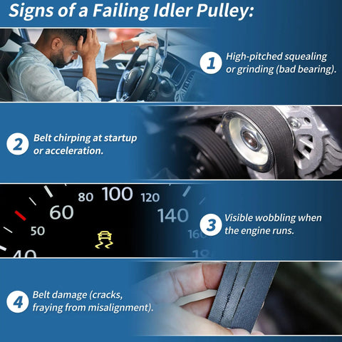 Signs of a failing idler pulley infographic highlighting symptoms like squeaking, belt issues, and dashboard warning signs.