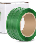 Pallet Strapping Coil In Green Polyester PET For Industrial Packaging Beefy Strength 1000 Ft Roll, Five Eighth Inch Wide, 0.035 Inch Thick, 1400 Lb Break Strength, Rust Resistant, Self Dispensing Box Kit