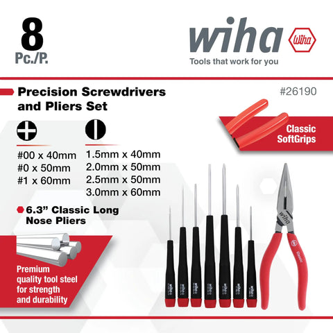 Slotted and Phillips Screwdriver Set With Bonus 6.3 Inch Long Nose Pliers, 8 Piece, black handles, chrome plated.