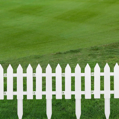 48 Count White Classic Garden Fence Panels With Fence Inserts For Yard Upgrade And Border Edging in a grassy lawn background.