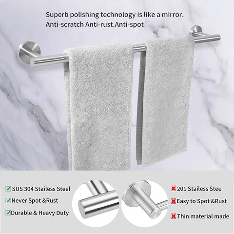 Brushed Nickel 2 Piece Towel Bar Set For Bathroom, 24 Inch Double Towel Rack, Stainless Steel Wall Mount With Concealed Mounting Holes