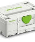 Systainer 204841 SYS3 M 1 for tool organization and quick transport, white box with green latch, shown from angle.