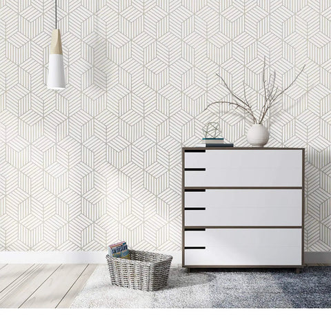 White and Silver Peel and Stick Wallpaper Modern Geometric Hexagon Pattern 17.7 in by 393 in on living room wall