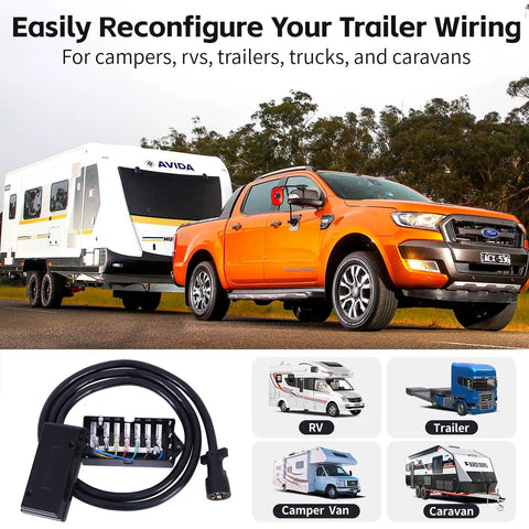 Built Tough 8 Ft 7 Way Trailer Wiring Kit Featuring Rock Solid Pure Copper Contacts And Weatherproof Junction Box for RVs and trailers.