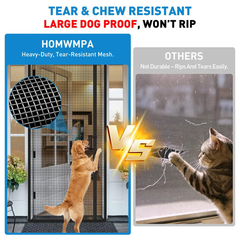 Side Opening Magnetic Screen Door Fits 32x80 Doors, Screen Size 34x81; durable gray mesh resists pets, comparison with cat tearing other mesh.