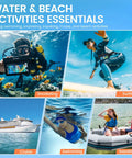 Collage of activities using 2 Pack Waterproof Fanny Packs For Women And Men With IPX8 Submersible Dry Pouch, including snorkeling and kayaking