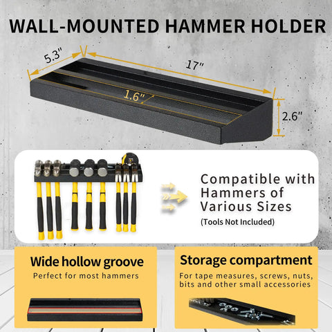 Heavy Duty Wall Mount Tool Organizer Set with hammer holder dimensions in charcoal grey for garage and workshop