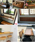 Folding Wall Desk With Solid Wood Board And Two Iron Brackets, 2.8cm Thick, used as table and window shelf in various settings.