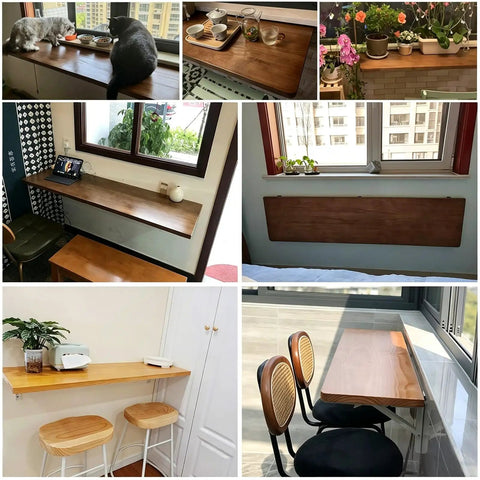 Folding Wall Desk With Solid Wood Board And Two Iron Brackets, 2.8cm Thick, used as table and window shelf in various settings.