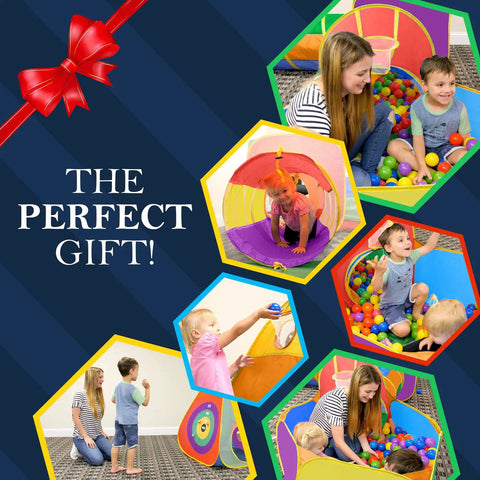 Epic Ball Pit Play Tent Set For Kids, Pop Up Obstacle Course With Tunnels, children playing indoors, bright colorful design