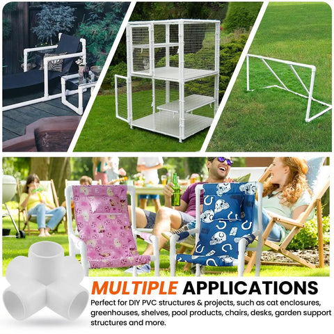 Various DIY projects using Four Pack 3/4 Inch 5 Way PVC Fitting Elbow Connector for garden and furniture support.