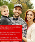 Family with military member smiling, promoting Bleeding Control Kit With Tourniquet For Emergencies, Easy To Use First Aid Kit