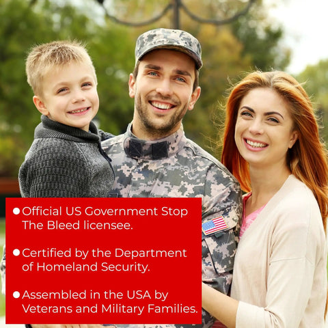 Family with military member smiling, promoting Bleeding Control Kit With Tourniquet For Emergencies, Easy To Use First Aid Kit