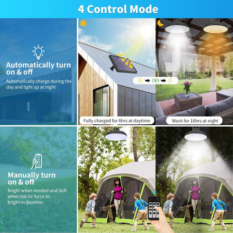 Dimmable Solar Shed Light With Remote Control, IP65 Waterproof Indoor Outdoor Hanging Lantern For Patio Garden Or Henhouse, 16.4 Ft Cord, Three Color Temperatures 3000K 4000K 6500K, Timing Function shown in 4 control modes.