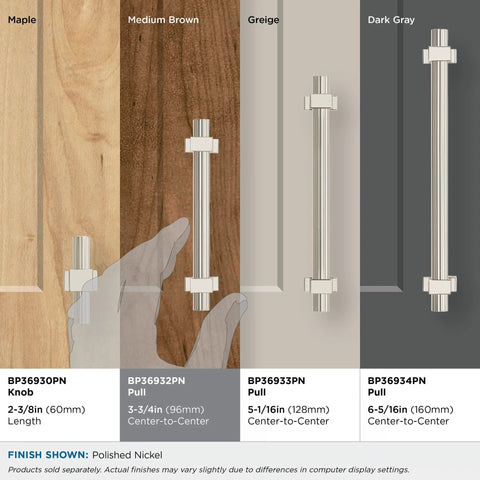 Carrigan Polished Nickel Cabinet Pull Three And Three Quarters Inch Center To Center 96mm displayed on various wood finishes