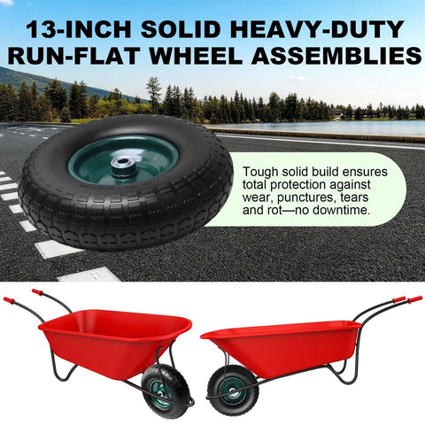 Airless Flat Free 4.00-6 Tire And Wheel Set For 13 Inch Wheelbarrows displayed on a road with red wheelbarrow illustration