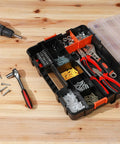 Interlocking Tool Box Organizer Two Piece Set With Removable Dividers For Small Parts Fasteners And Crafts Black Durable Plastic Case With Secure Latch Keeps Tools And Contents In Place showcasing various tools and fasteners on a wooden table.