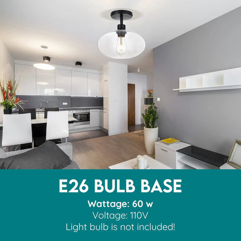 Semi Flush Mount Ceiling Light With Clear Glass Shade Modern Vintage Vibe Fixture in modern kitchen, E26 bulb base