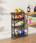 Slim Four Tier Rolling Storage Cart for Kitchen and Bathroom Organization on Wheels with narrow 5.9 inch width and wood rack.