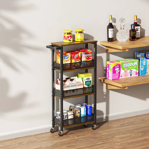 Slim Four Tier Rolling Storage Cart for Kitchen and Bathroom Organization on Wheels with narrow 5.9 inch width and wood rack.