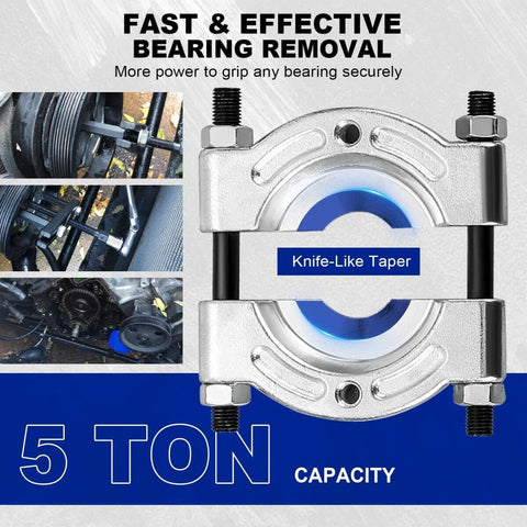 5 Ton Bearing Puller Set With 2 Inch And 3 Inch Jaws Beefy Heavy Duty Bearing Separator displayed with close-up of tool and applications