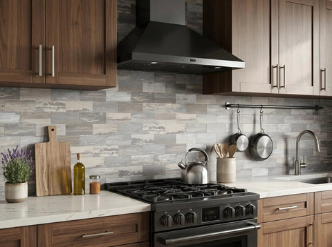 New Upgrade Peel And Stick Backsplash Tiles Light Rustic Wood Grain 11.34 By 11.57 Inches 0.16 Inch Thick in kitchen setting