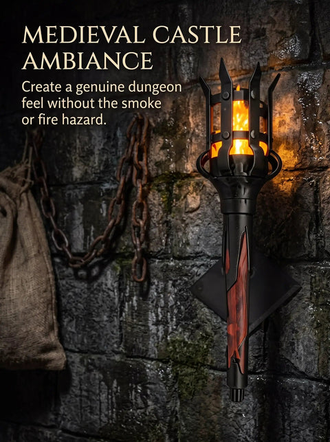 Medieval LED Torch Wall Sconce Flickering Flame Castle Light (Red) on stone wall, showcasing gothic design and flickering glow.