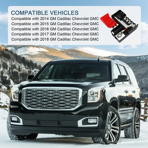 Heavy Duty Battery Distribution Fuse Block Direct Replacement For Chevy Silverado Tahoe Suburban Rigs shown on a GMC vehicle in snowy landscape.