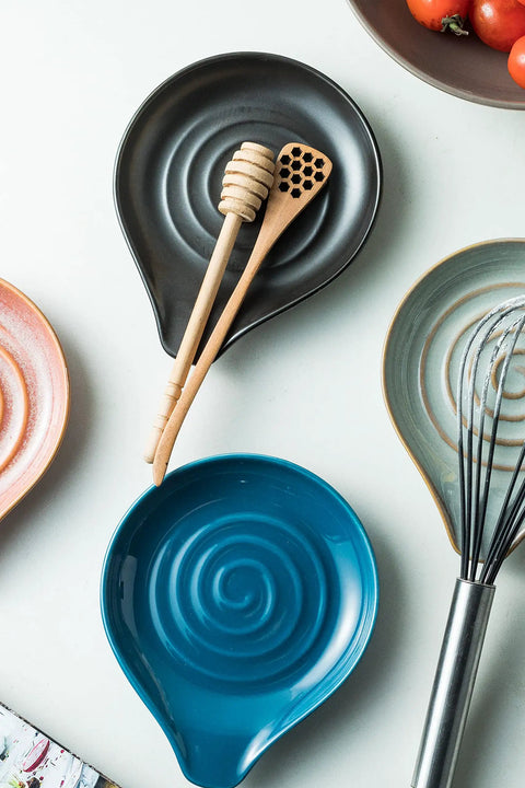 Collection of colorful ceramic trays with honey dippers, featuring a blue and black option as a Porcelain Spoon Rest And Drip Tray For Multiple Utensils On The Stovetop Huge Capacity Go To Utensil Holder For Spoons Ladles Tongs And Spatulas Black Farmhouse Kitchen Decor