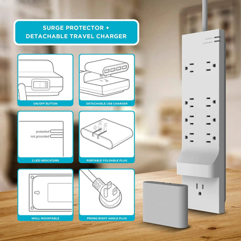 Power Rover 9 Outlet Power Strip Surge Protector With 6 Ft Extension Cord And Detachable USB Charger 4 USB Ports Slim Wall Plug 3000 Joules Perfect For Home Office And Bedroom Setup on wooden surface with features diagram.
