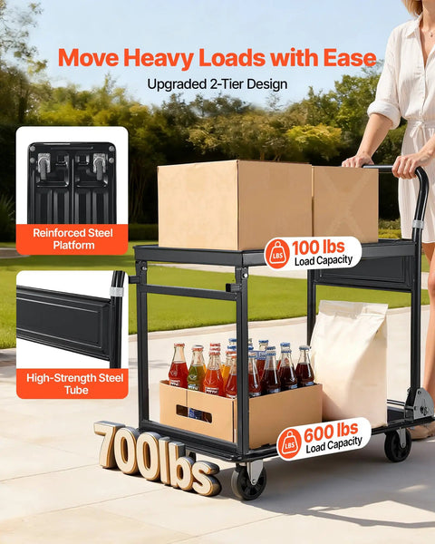 Heavy Duty 2 Tier Foldable Platform Hand Truck With 700 Lb Capacity For Warehouse Garage Workshop Or Office Use, High Strength Steel Frame, Rugged Yet Portable Workhorse Utility Cart