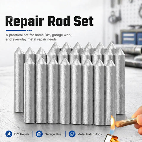 Low Temperature Universal Welding Rods For Metal DIY Friendly Easy Weld Tin Powder Alloy For Copper Iron Aluminum Stainless Steel Water Tanks PVC Pipes 20 Pieces displayed in a set of twenty with focus on rod tips and background workshop scene.
