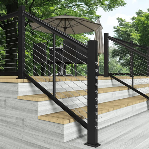 Heavy Duty 40 Pack 1/8 Invisible Cable Railing Kit T316 Stainless Steel Hardware on stylish outdoor deck stairs.