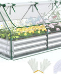 Raised Garden Bed With Cover And Mini Greenhouse Kit For Outdoor Use Galvanized Metal Planter Box Includes Two Screen Window Panels 20 T Tags Gloves Perfect For Growing Veggies And Herbs 6x3x1ft, showing flowers under greenhouse cover.