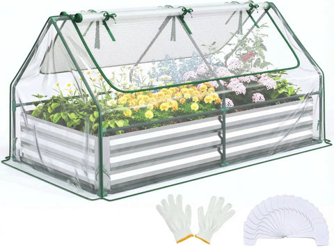 Raised Garden Bed With Cover And Mini Greenhouse Kit For Outdoor Use Galvanized Metal Planter Box Includes Two Screen Window Panels 20 T Tags Gloves Perfect For Growing Veggies And Herbs 6x3x1ft, showing flowers under greenhouse cover.