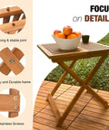 Folding Wooden Side Table, Portable And No Assembly Needed, supports up to 165 lbs, golden teak finish with fruits and tools details.