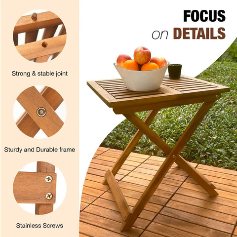 Folding Wooden Side Table, Portable And No Assembly Needed, supports up to 165 lbs, golden teak finish with fruits and tools details.