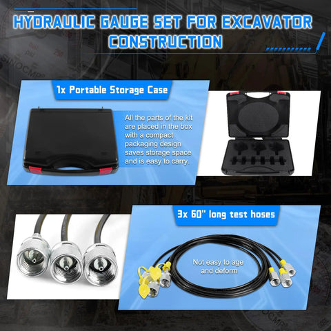 SINOCMP Hydraulic Pressure Test Kit Featuring Three Gauges And Six Couplings With Long Hoses For Excavator Equipment and Heavy Duty Construction Machinery Diagnostic Tools In Portable Case with storage case and test hoses.