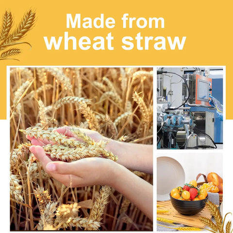 Hands holding wheat straw with manufacturing process and dinnerware dish set, Durable Wheat Straw Dinnerware Set For Four 16 Piece Unbreakable Plastic Plates And Bowls Microwave Safe Kitchen Camping Dishes Eco Friendly And Ready For Everyday Use Built To Last.