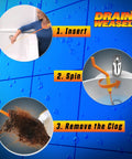 Steps showing Hair Clog Busting Drain Weasel Snake Tool in action for sinks showers and tubs with 360 rotation and dual wands.