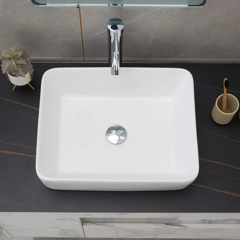 Rectangle Vessel Sink With Pop Up Drain Included For Above Counter Bathroom White Porcelain Ceramic Vanity Basin 14.6 X 18.9 X 5.2 Inches Without Faucet Hole