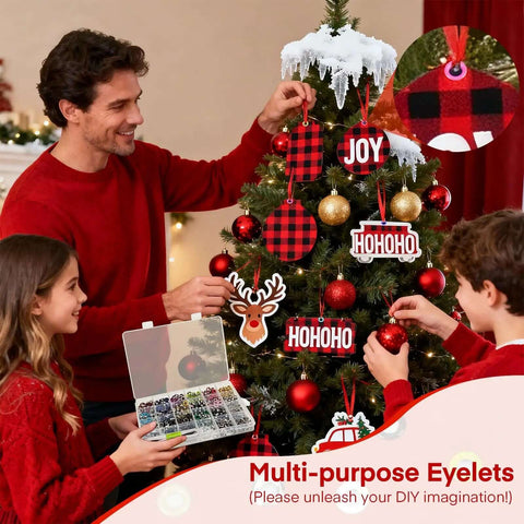 Family decorating Christmas tree with Colorful Grommet and Eyelet Kit, 680 pieces in 17 colors, three sixteenths inch metal eyelets.