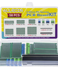 Dope DIY PCB Prototype Kit With 58 Pieces In Six Sizes Double Sided Solder Boards 2.54mm 40 Pin Header Connectors And 5mm KF301 Terminal Blocks displayed in packaging