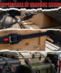 4 Pack Auto-Retractable Ratchet Tie Downs 1 Inch by 12 Foot Cargo Straps securing loads in truck bed and on cargo boxes.